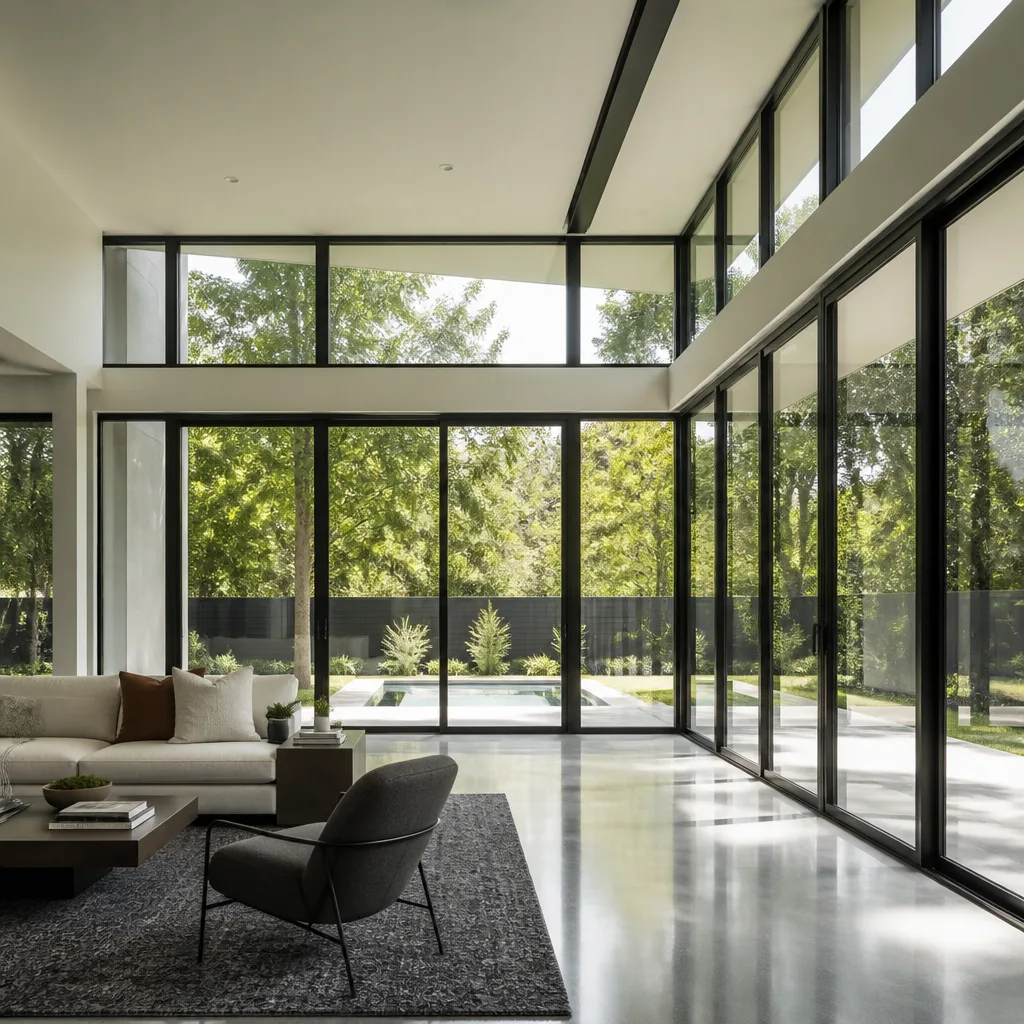 Modern living room featuring floor-to-ceiling custom geometric windows and glass doors. in Gladeview, FL