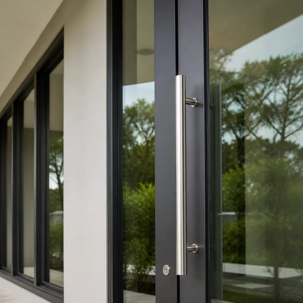 Modern black framed glass door with stainless steel handle after installation in Gladeview, FL