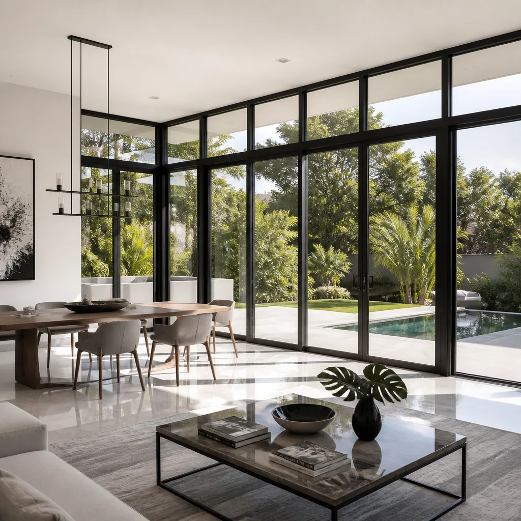 Modern living room with black-framed impact windows and glass sliding doors.