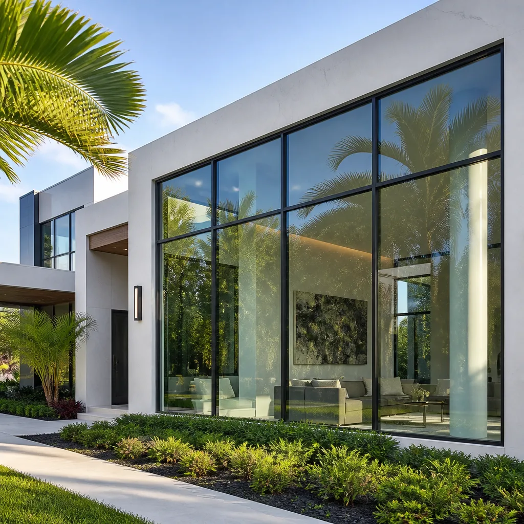 Modern home featuring floor-to-ceiling impact windows and sleek architectural design