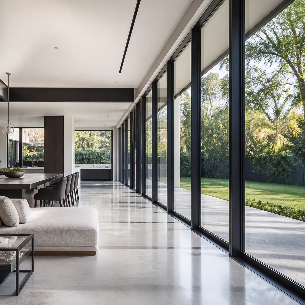 Modern floor-to-ceiling glass doors and windows in a luxury interior in Gladeview, FL