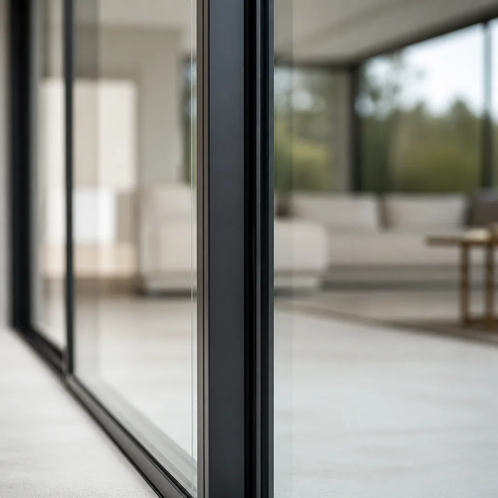 Modern black-framed sliding glass patio doors in a contemporary living space in Miami, FL