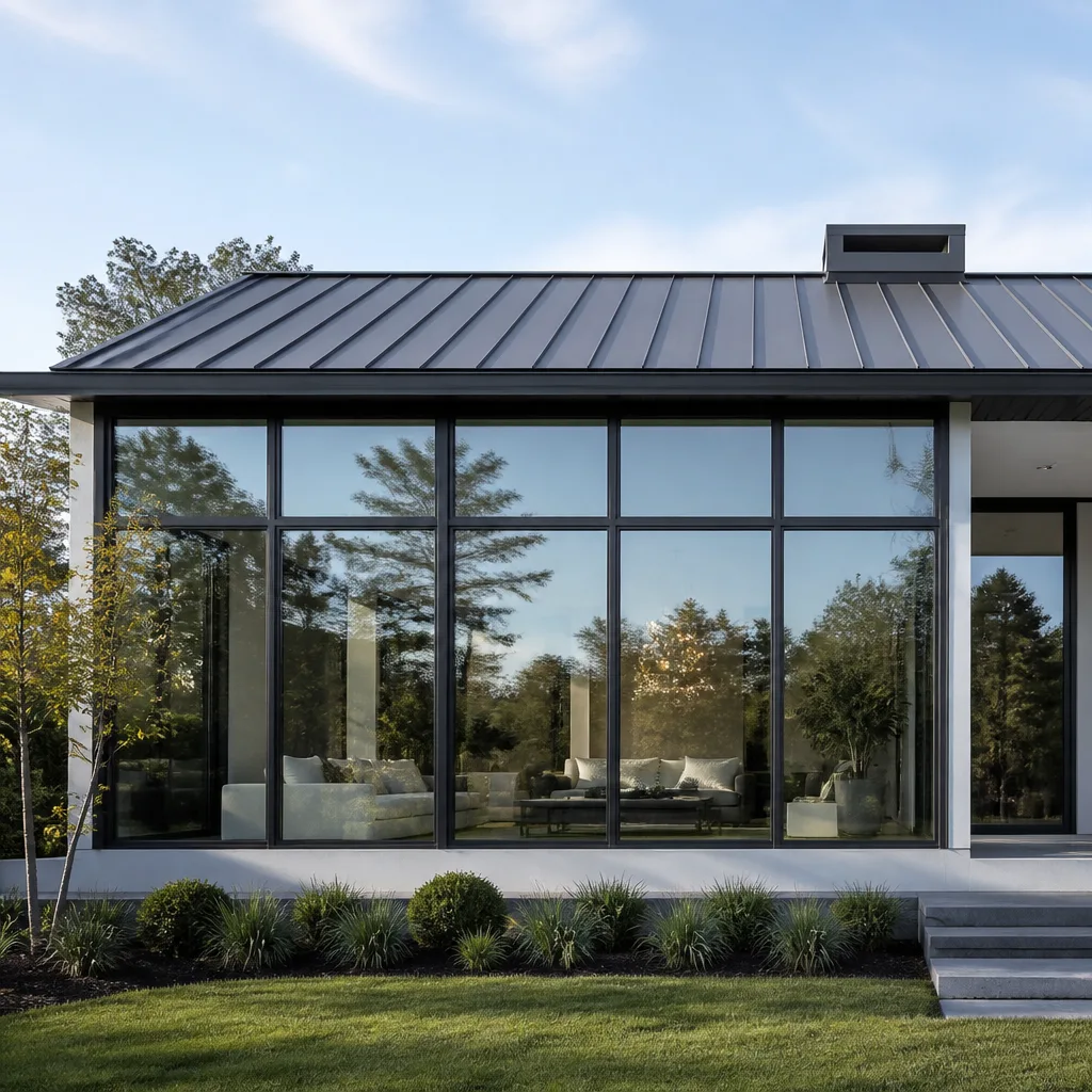 Modern house exterior with floor-to-ceiling windows and metal roofing in Gladeview, FL