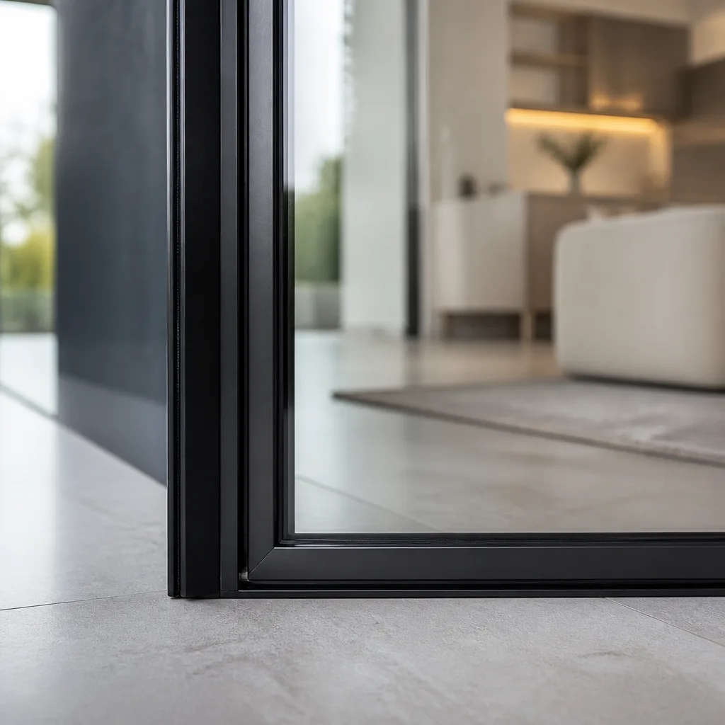 Modern black framed sliding glass patio door interior view in Coral Gables, FL
