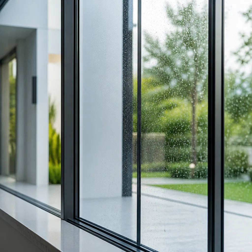 Modern glass sliding door installation with raindrops overlooking a green garden